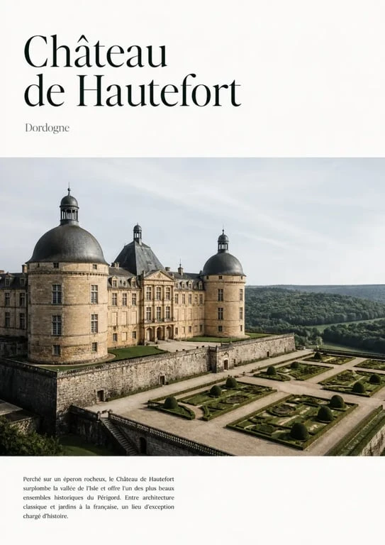 Château de hautefort dordogne, vue large du château classique et des jardins à la française