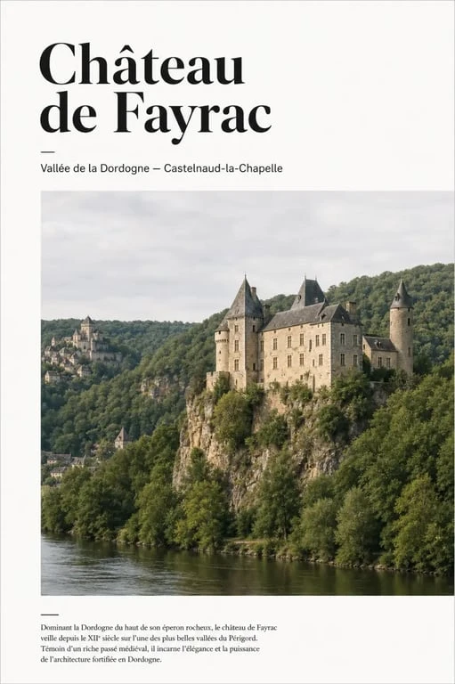 Château de Fayrac Dordogne vu depuis la vallée de la Dordogne près de Castelnaud-la-Chapelle