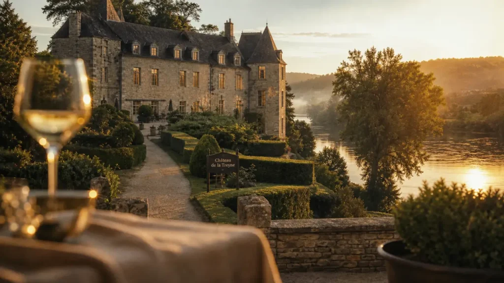Relais château dordogne sarlat : Château de la Treyne, vue sur terrasse et allée vers le château