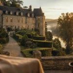 Relais château dordogne sarlat : Château de la Treyne, vue sur terrasse et allée vers le château