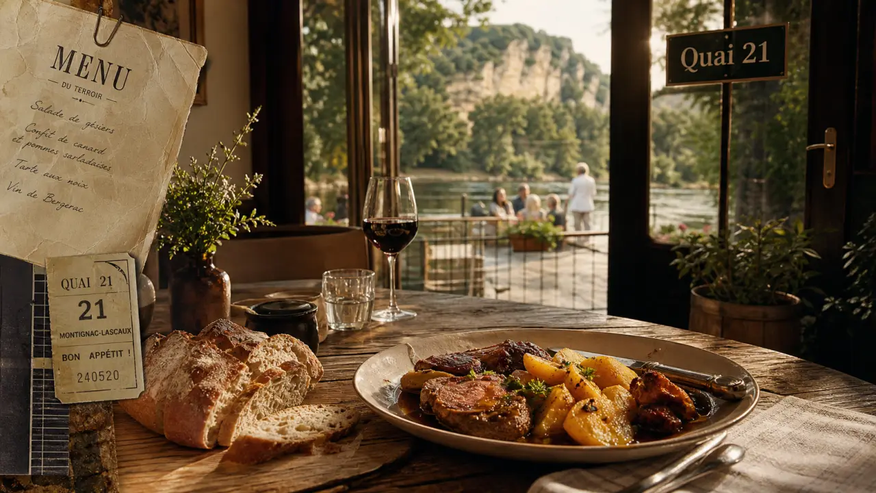 Restaurants montignac dordogne : Quai 21, assiette terroir et vue Vézère