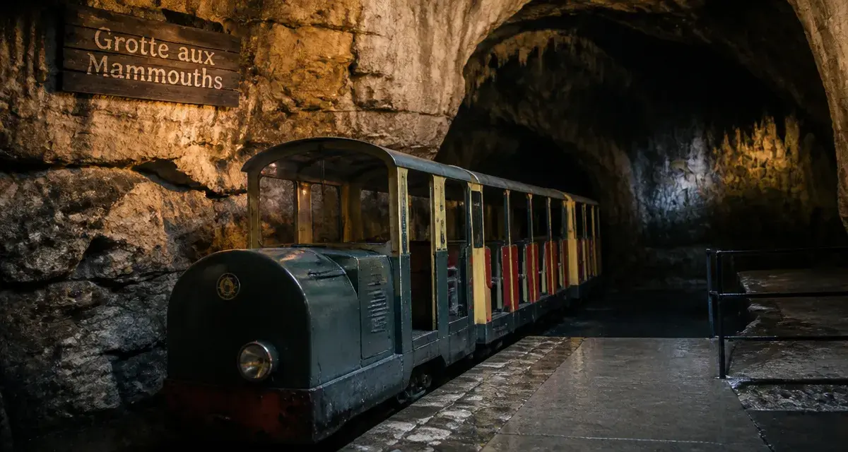 Petit train à Rouffignac, Perigord noir, devant la grotte aux Mammouths