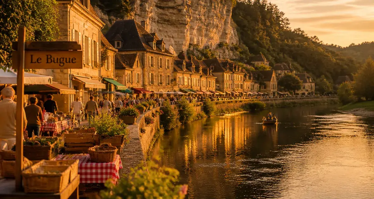 Tourisme le bugue dordogne : marché sur la Vézère, pont en pierre, golden hour