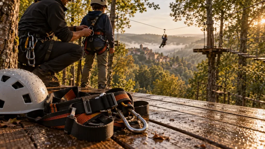 Accrobranche dordogne sarlat : harnais et tyrolienne au-dessus de la forêt