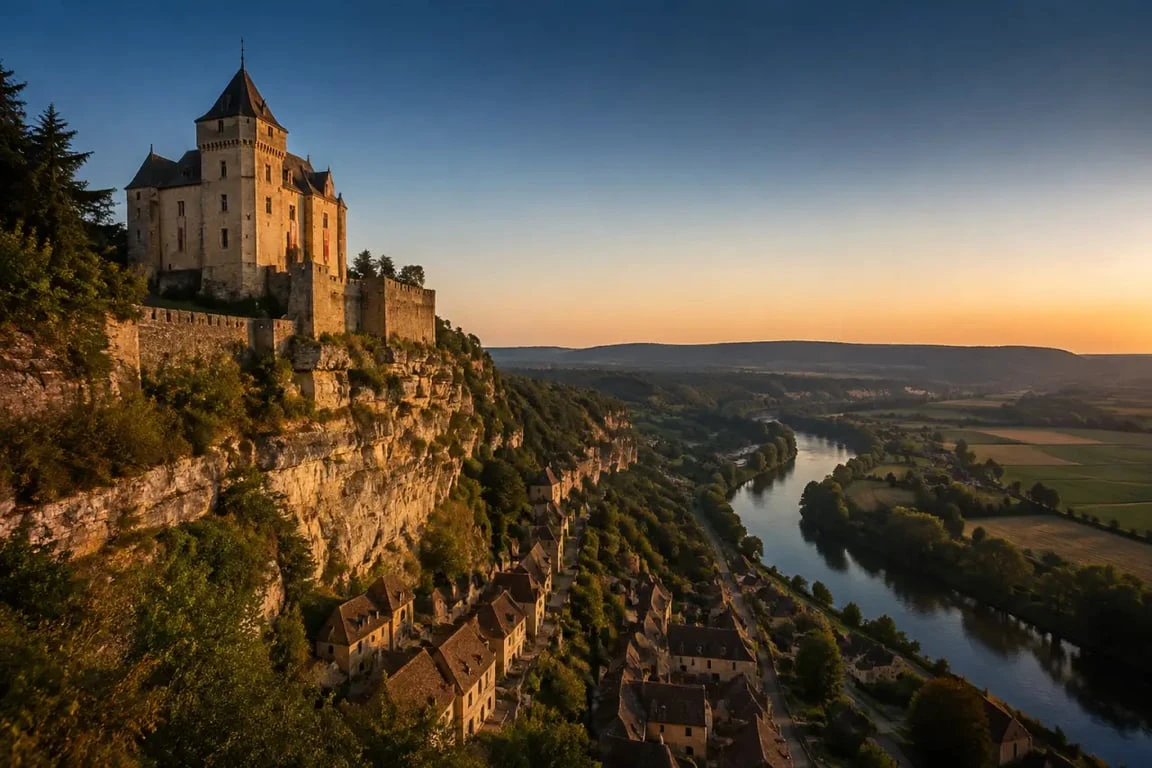 château Dordogne visite : forteresse perchée sur la vallée de la Dordogne au coucher du soleil