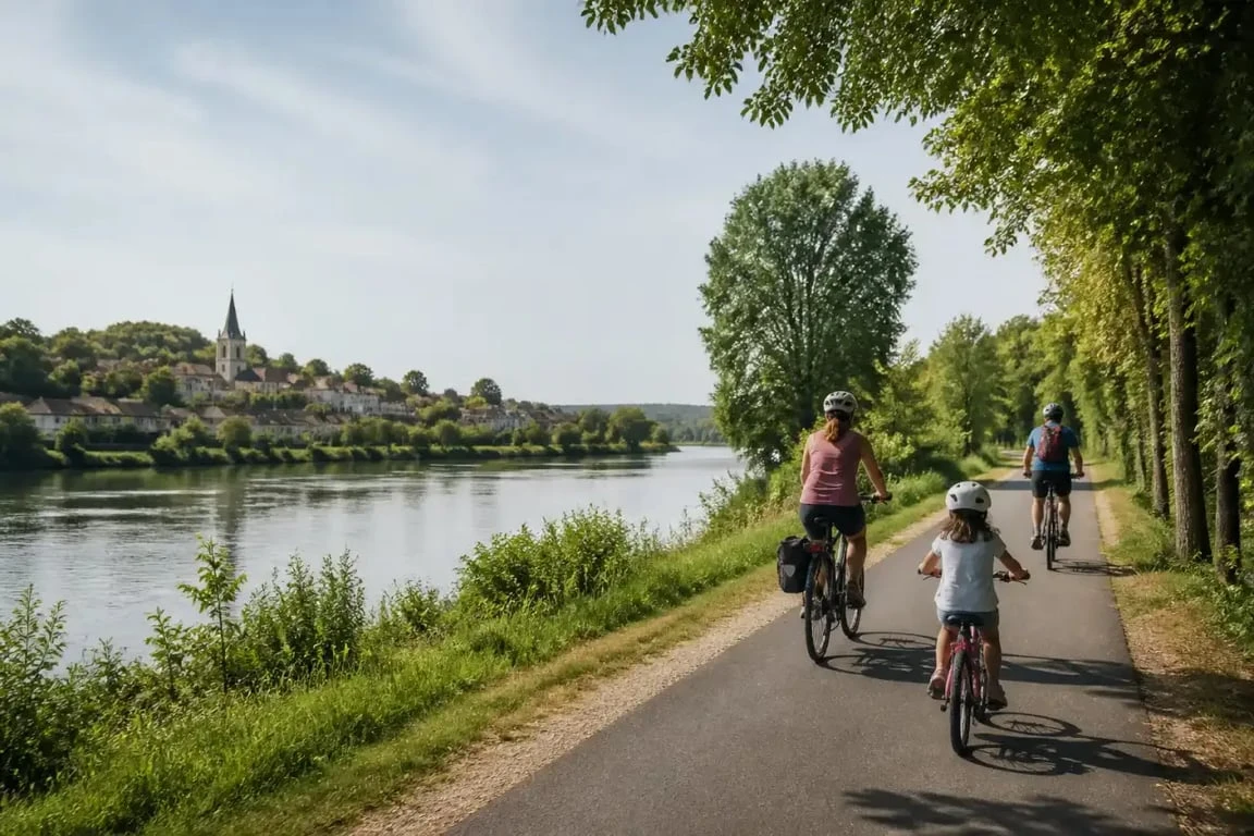 Voie verte Dordogne Bergerac le long de la rivière avec des cyclistes