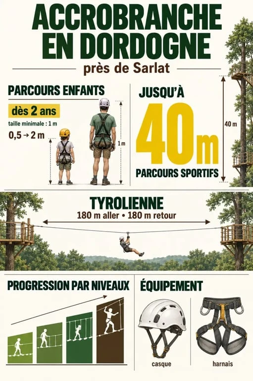 Infographie sur l'accrobranche Dordogne Sarlat avec niveaux, hauteurs et tyroliennes