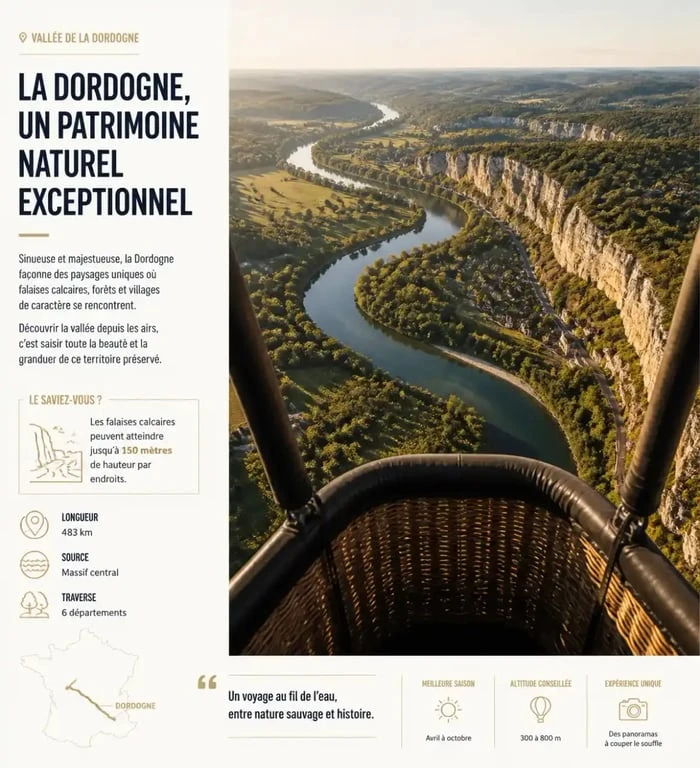 Vue panoramique depuis une montgolfière sur la vallée de la Dordogne