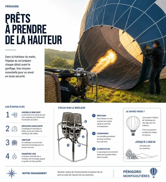 Préparation et gonflage d'une montgolfière avant le décollage en Dordogne
