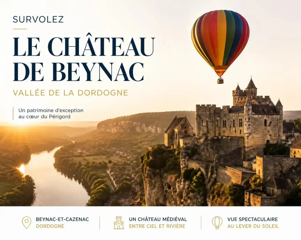 Survol en montgolfière au-dessus du château de Beynac, Dordogne, Périgord Noir