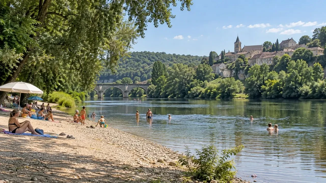 Baignade en Dordogne autour de Bergerac sur une plage naturelle ombragée