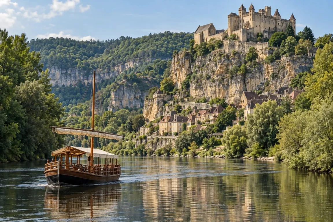 Bateau Dordogne Sarlat : gabare naviguant près du château de Beynac-et-Cazenac