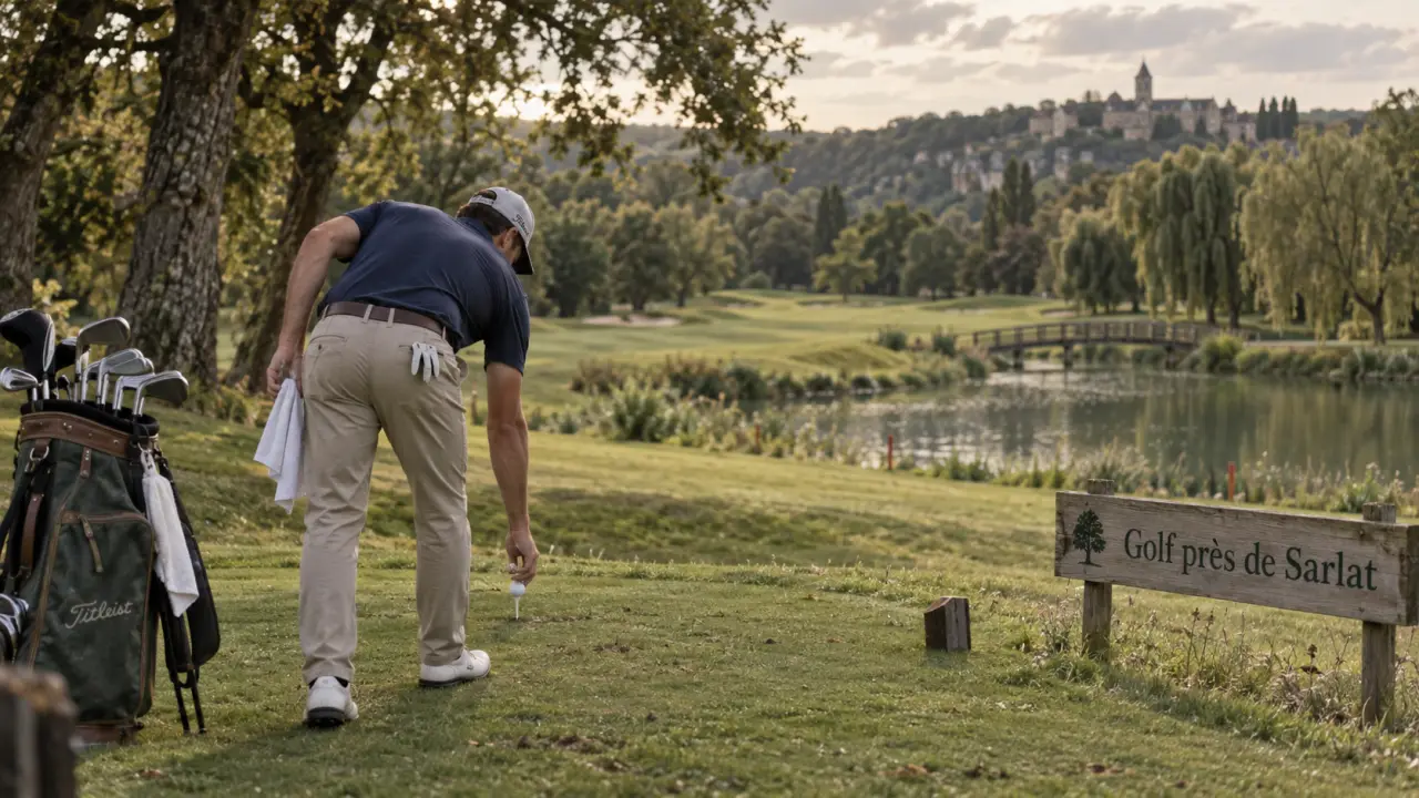 Golf Dordogne Sarlat : joueur sur le practice, étang et fairway du parcours 18 trous