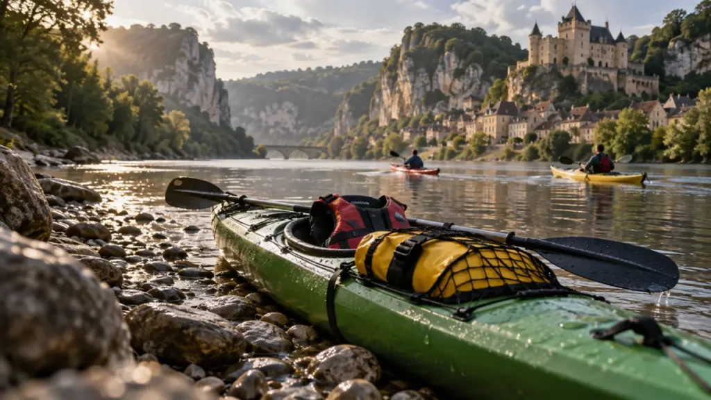 Kayak dordogne sarlat sur plage de galets près des falaises