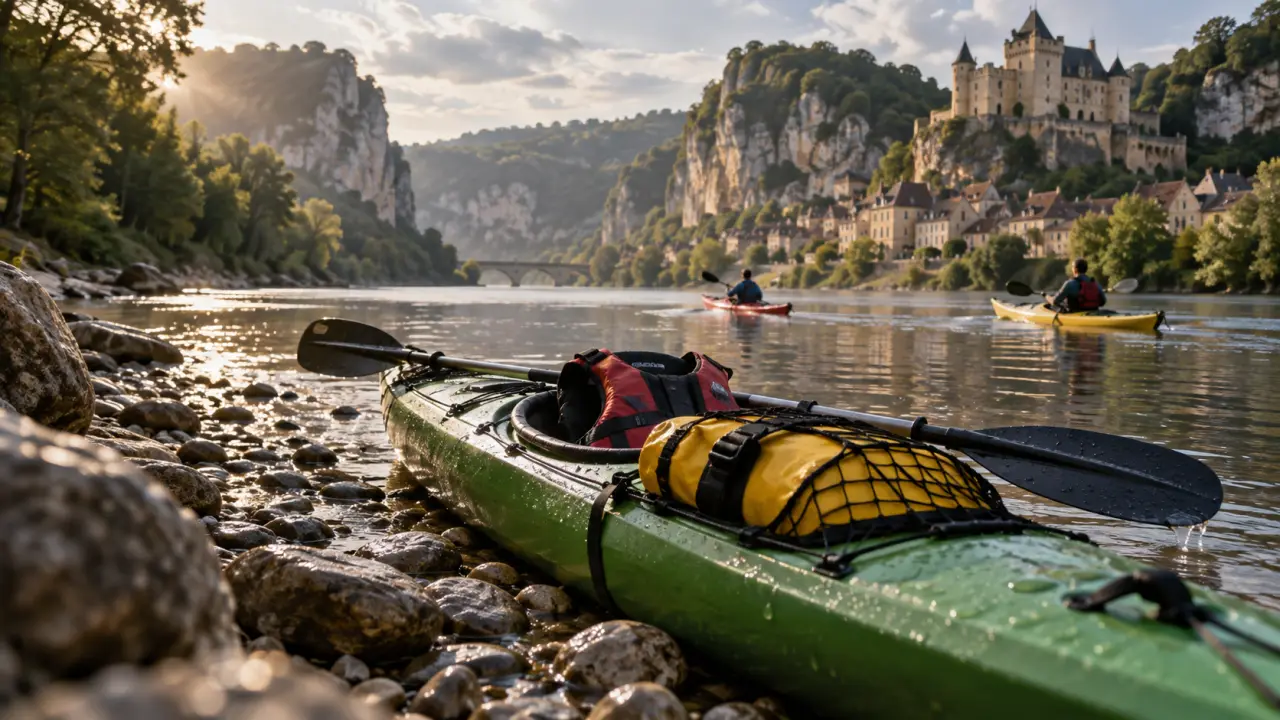 Kayak dordogne sarlat sur plage de galets près des falaises