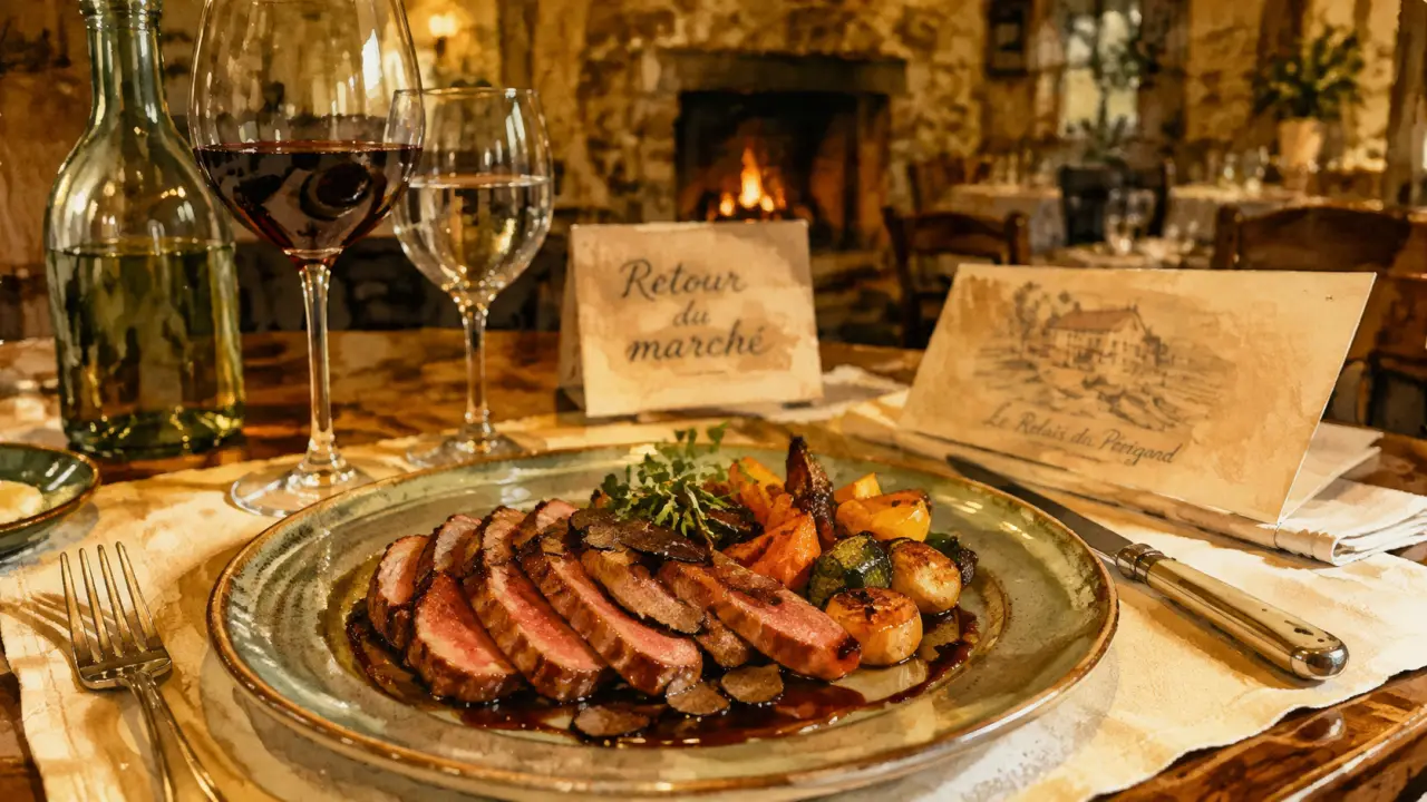 Restaurant le périgord la roque gageac : intérieur chaleureux, plat à la truffe et magret