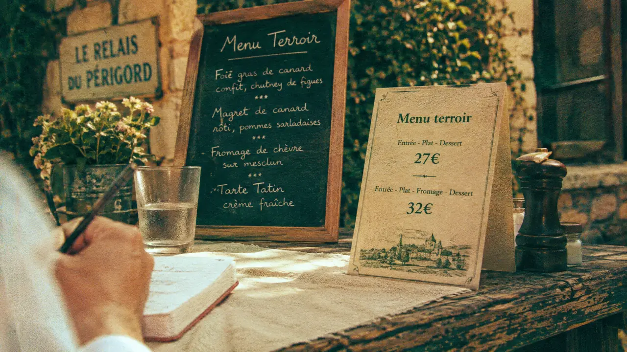 Restaurant le périgord menu terroir : ardoise menu du midi 27€ et carte du soir