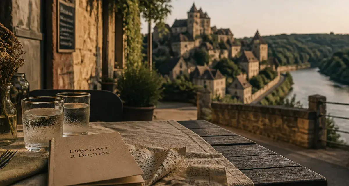 Restaurants Beynac Dordogne : table de déjeuner en terrasse à Beynac-et-Cazenac