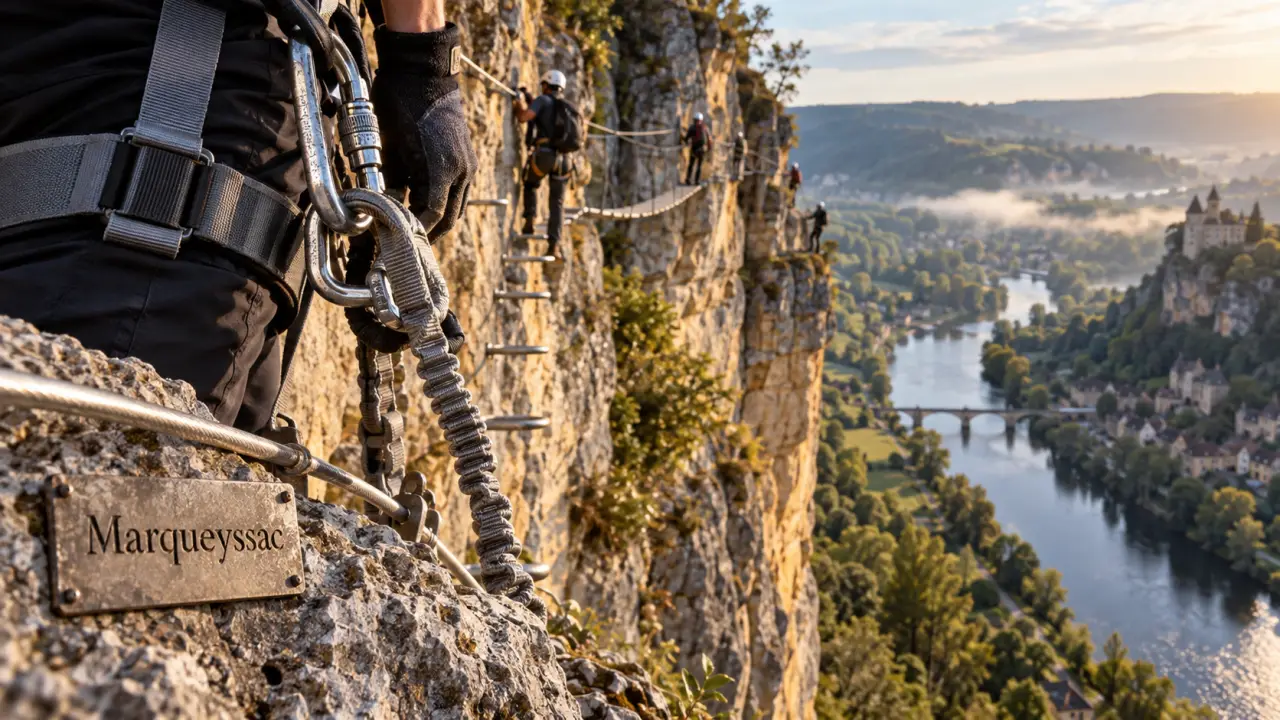 Via ferrata dordogne sarlat : participant sur la falaise, pont de singe