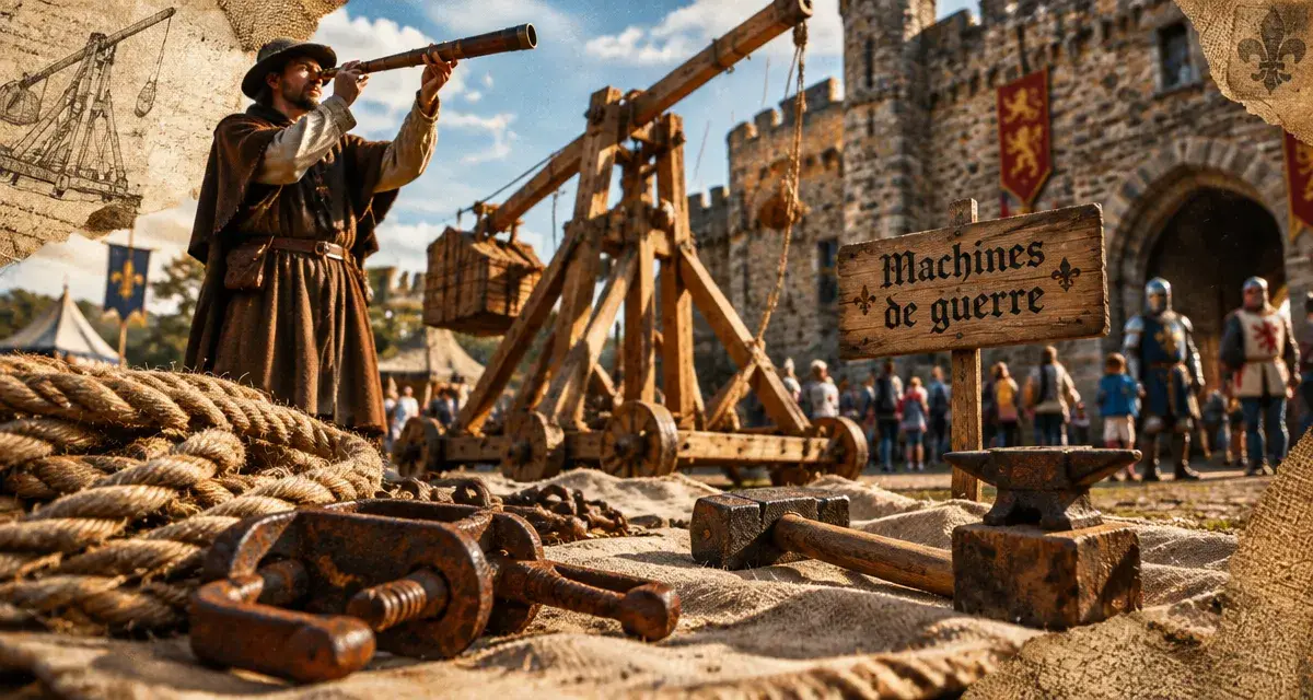 Animation château dordogne : trébuchet de Castelnaud devant les remparts