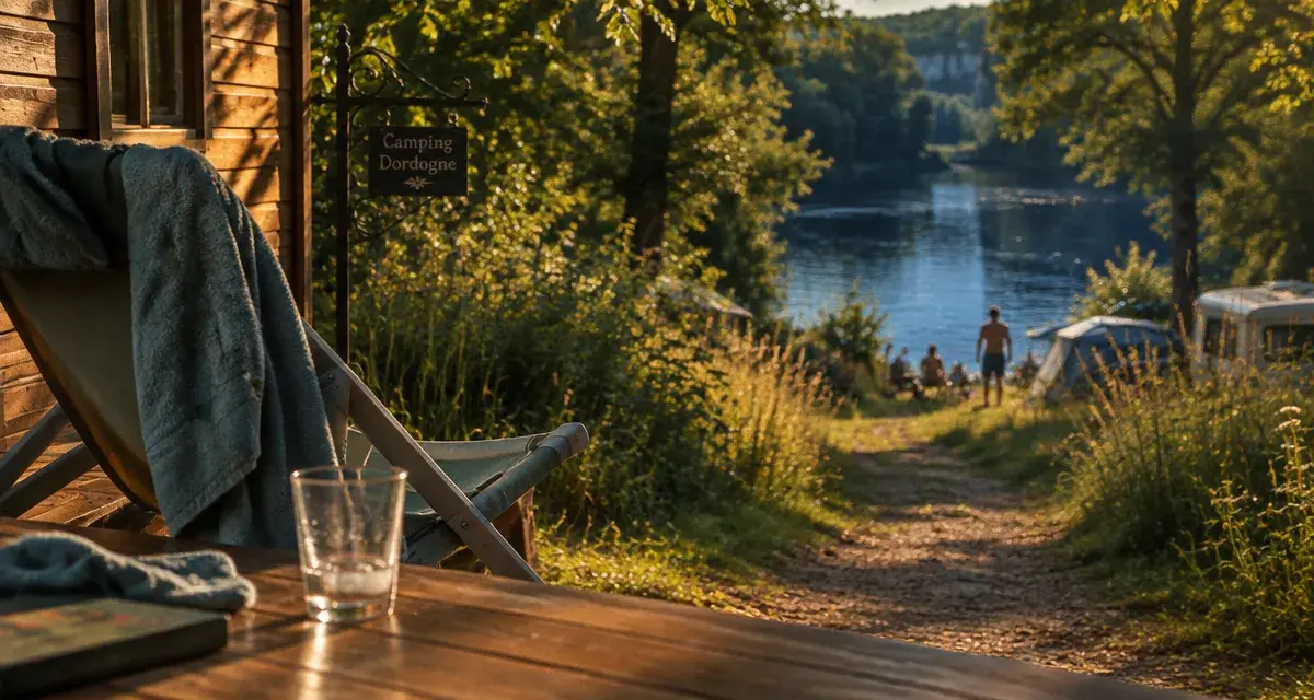 Camping sarlat bord de dordogne : vue depuis mobil-home vers la Dordogne