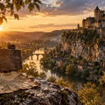Château fort dordogne au coucher de soleil, remparts sur la falaise