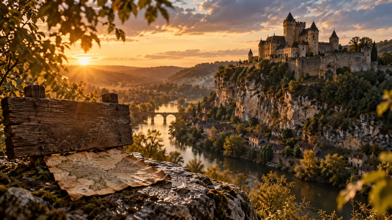 Château fort dordogne au coucher de soleil, remparts sur la falaise
