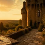 Dormir dans un château médiéval en Dordogne : vue du château à l’orée du jardin au coucher du soleil