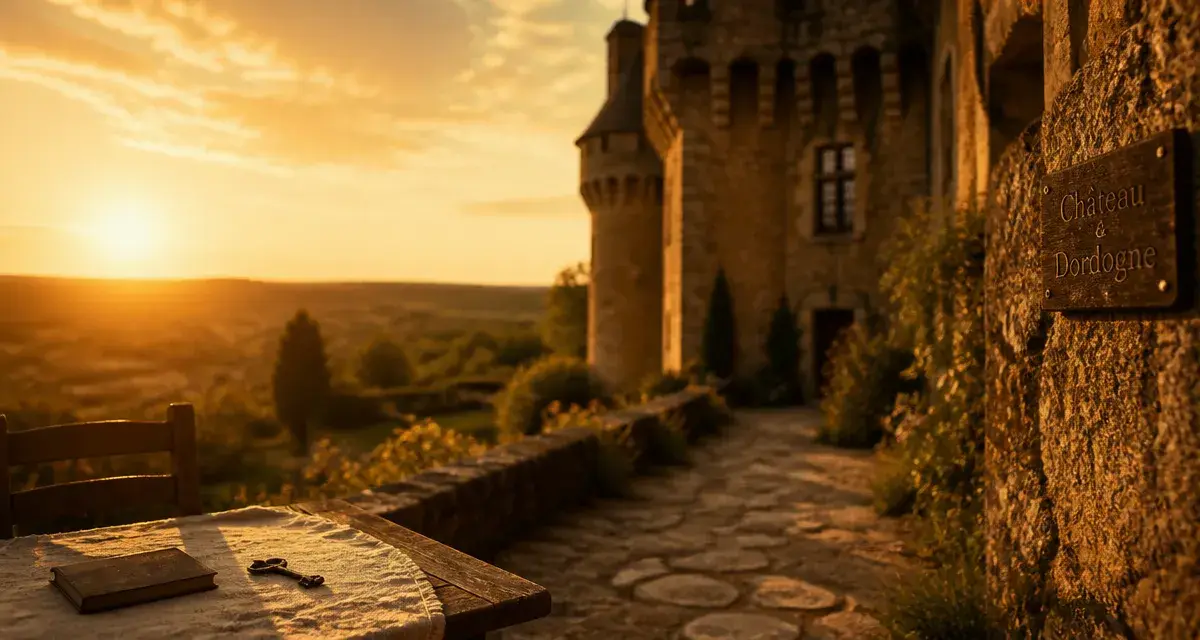 Dormir dans un château médiéval en Dordogne : vue du château à l’orée du jardin au coucher du soleil