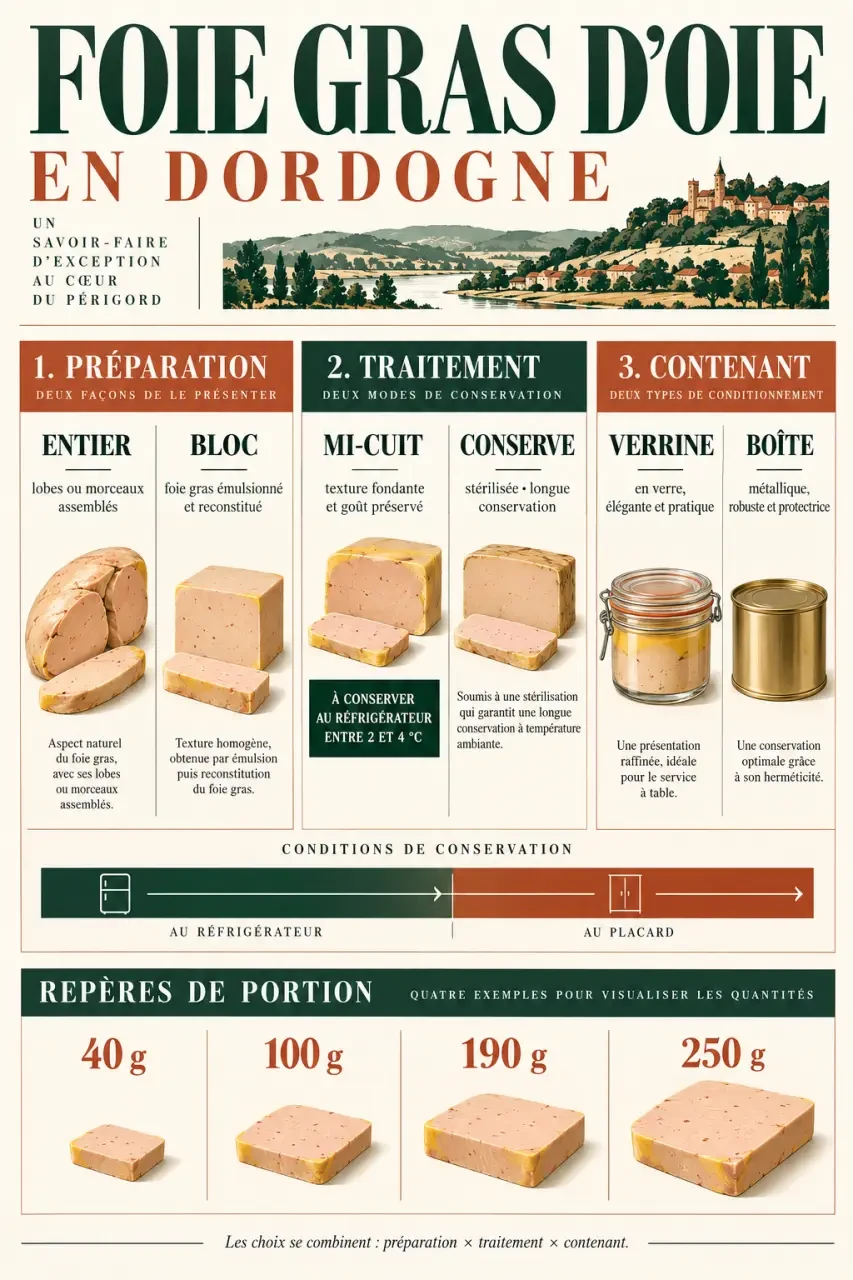 Foie gras d'oie Dordogne : formats, conservation et repères de portions