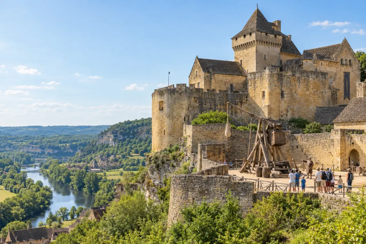 Animation château Dordogne au château de Castelnaud avec démonstration de trébuchet