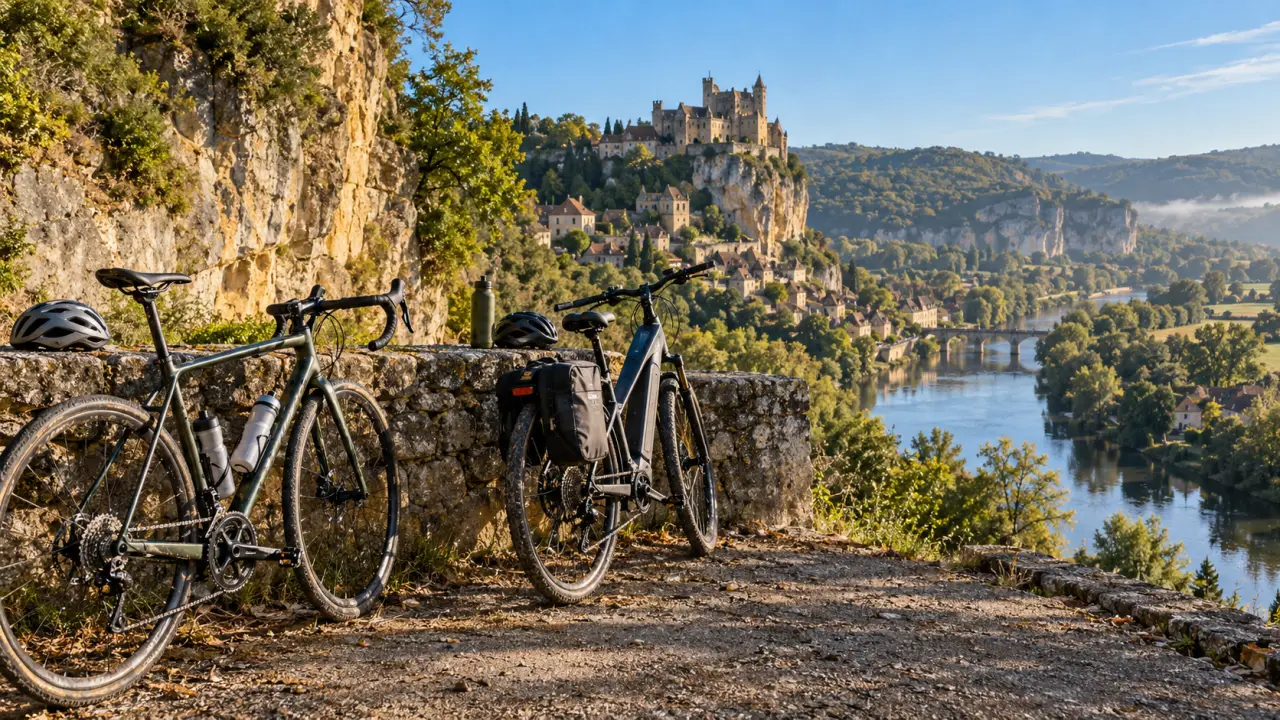 Les châteaux de la dordogne à vélo : vélo près de Beynac, route vallonnée et vallée de la Dordogne