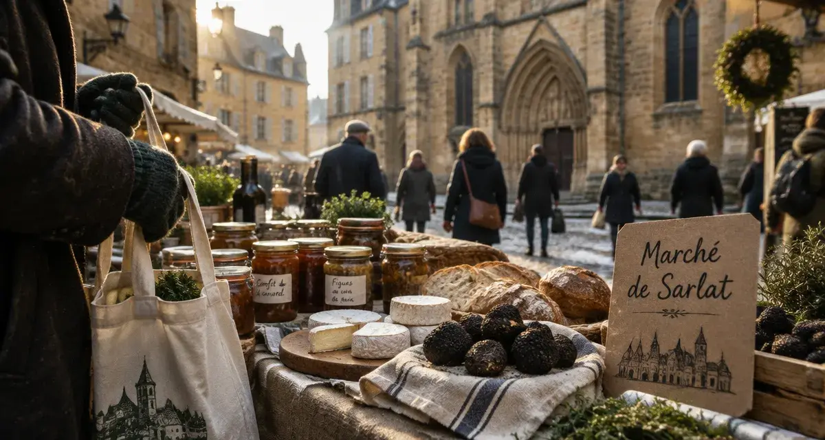 Marché Sarlat Dordogne : étal gourmand, ruelle pavée, passants en manteaux