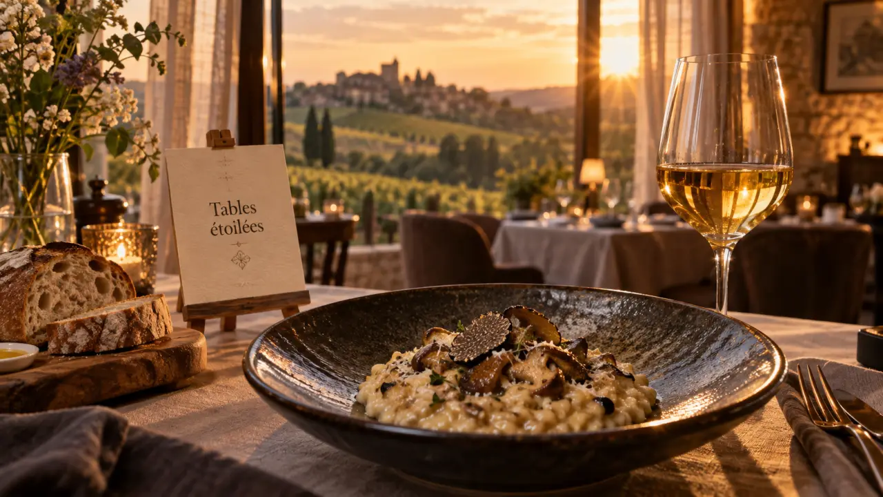 Restaurant étoilé périgord : risotto aux cèpes et vin de Monbazillac en salle vitrée