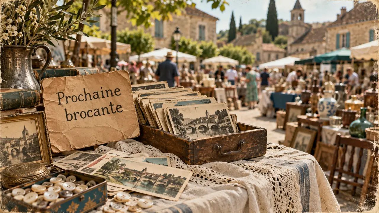 Vide grenier dordogne : cartes et boutons sur une nappe ancienne